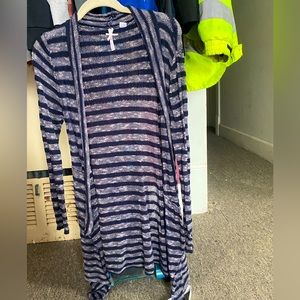 Scooters, large, blue and gray striped cardigan